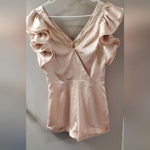 Ark & Co Blush Satin Romper with Ruffle Flutter Sleeve Detail. Zip Up Back. Sz M